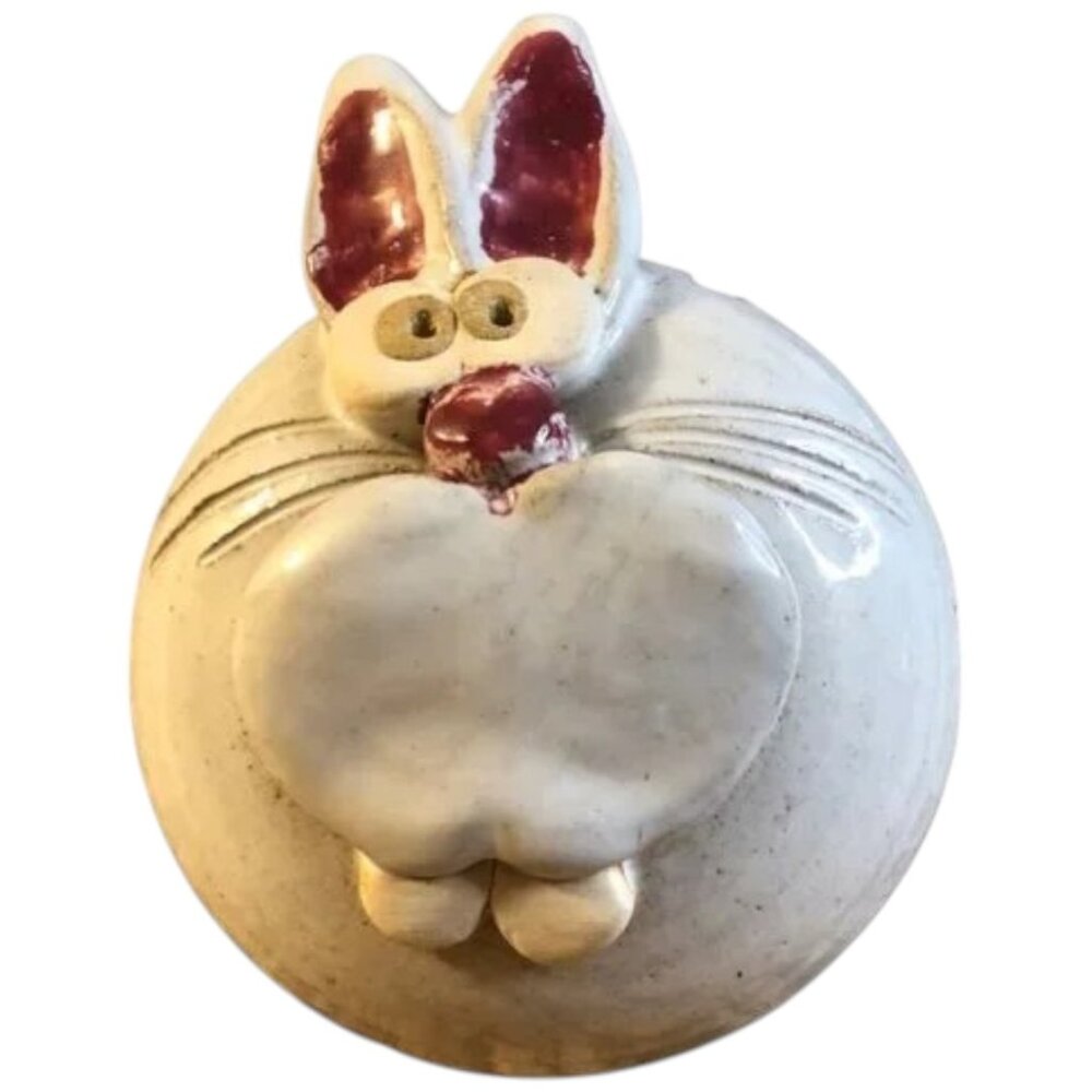 Vtg SIGNED John Pettus Art Pottery Stoneware Bunny Rabbit COIN BANK Folk Art